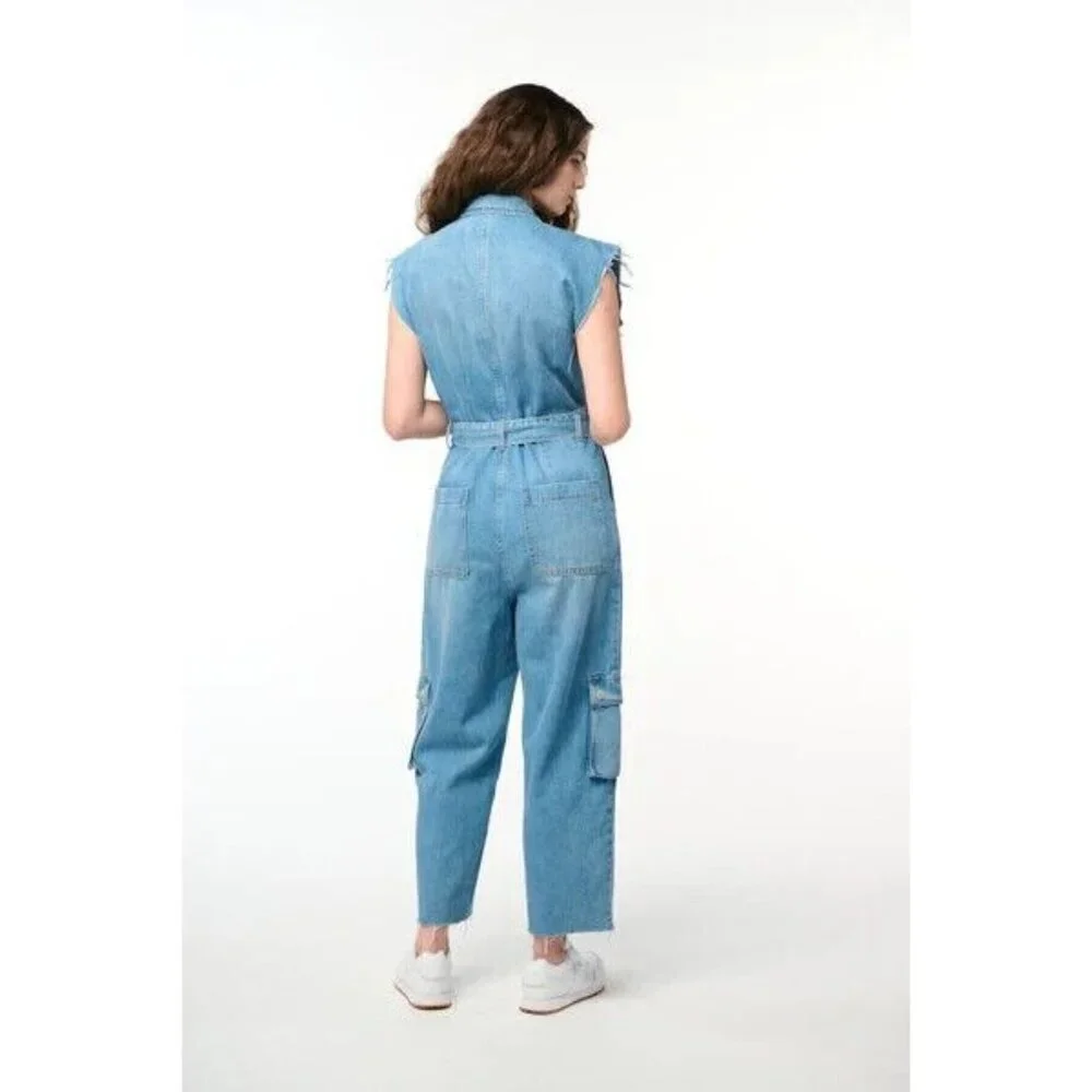 Blank NYC Denim Jumpsuit SMALL Relaxed Fit Belted Cropped Raw Straight Leg‎